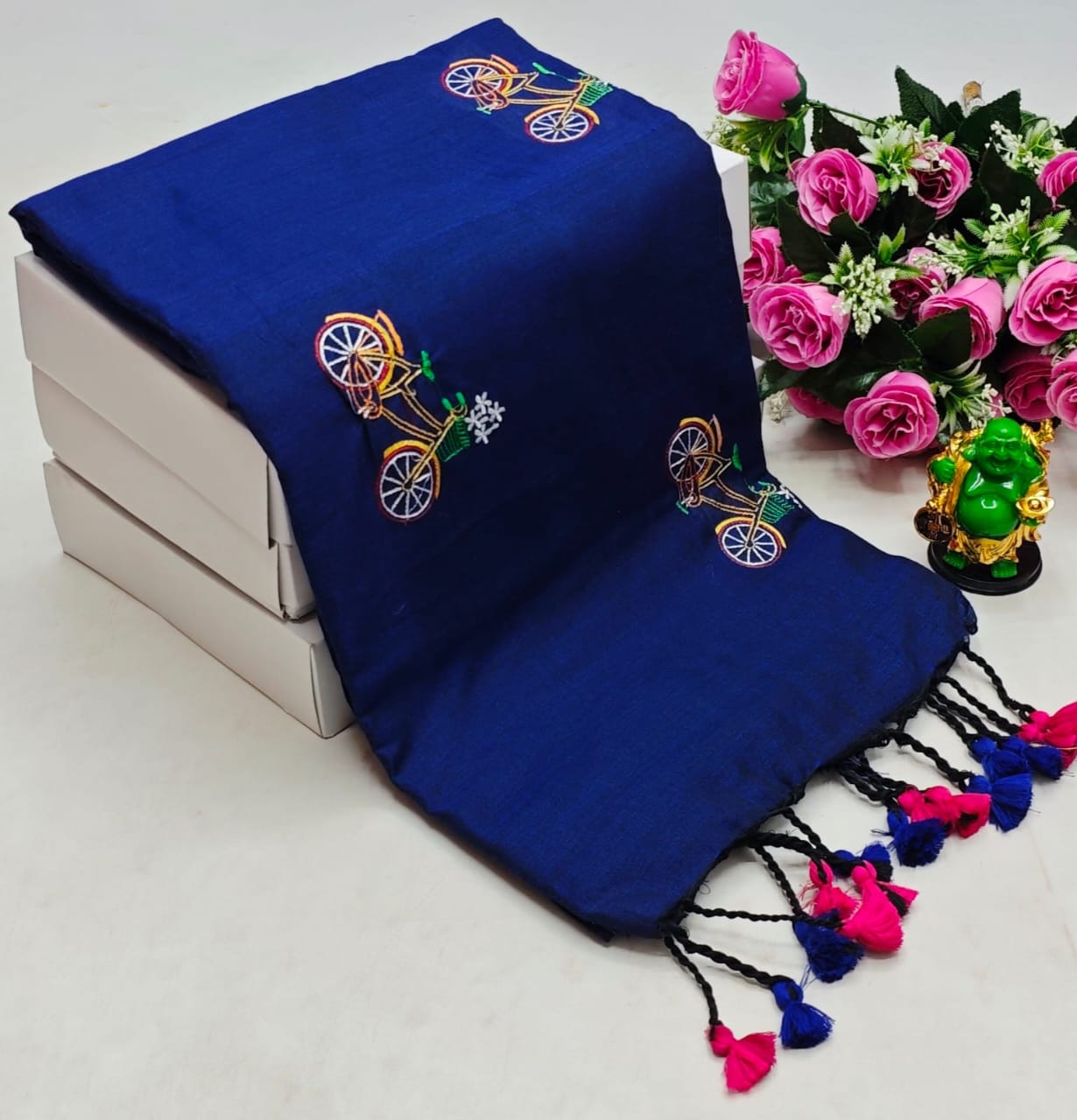 Pure Khadi Handloom Cotton Saree with Embroidery Work and Running Blouse –Royal Blue
