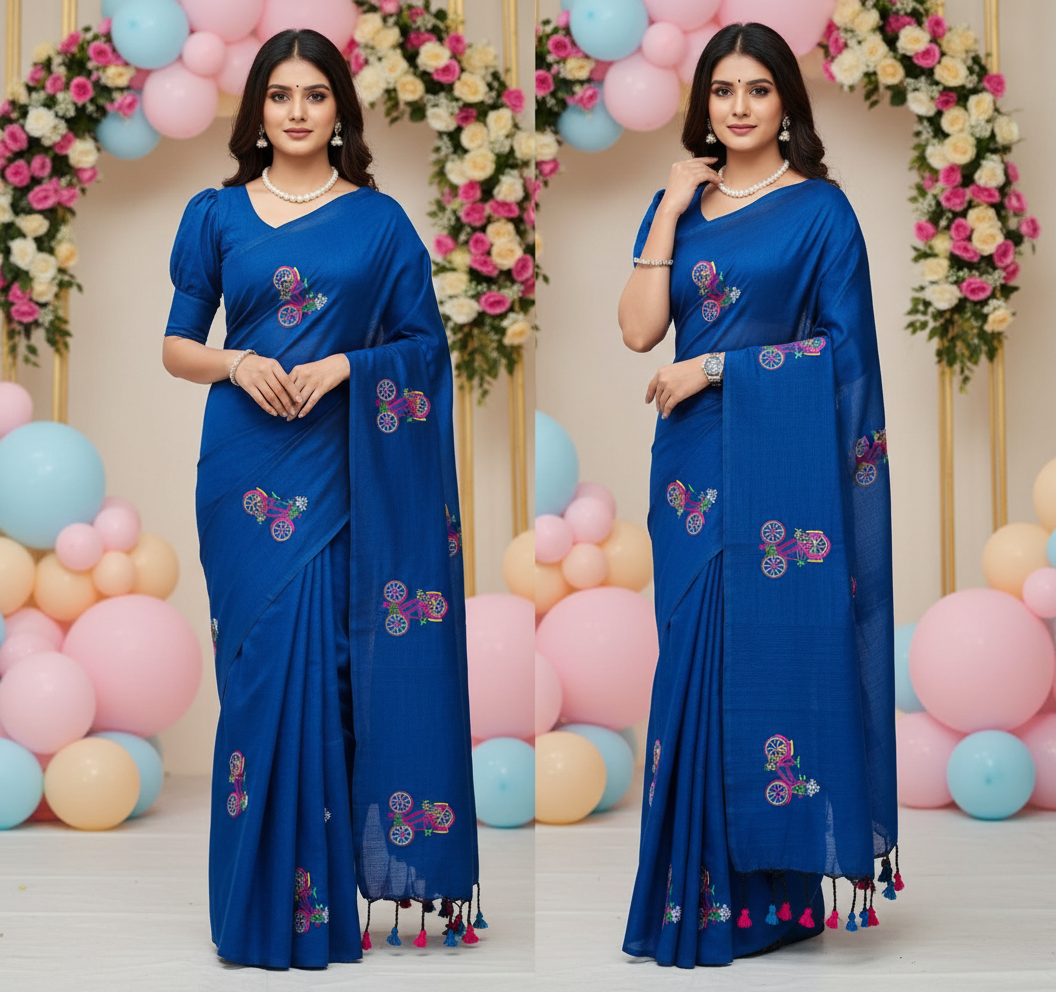 Woman wearing a blue saree with floral patterns in front of a decorated background with balloons and flowers.