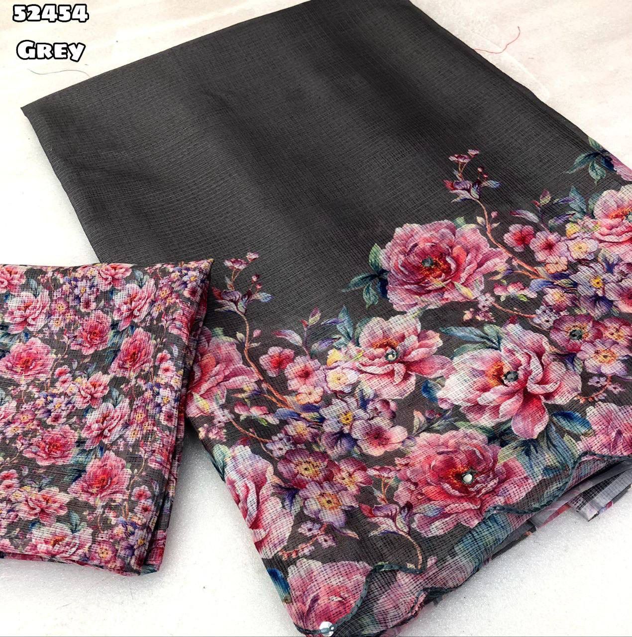 Soft Kota Chex Saree with Floral Digital Print and Embroidery Foil Mirror Border – Rafia Fashions-grey