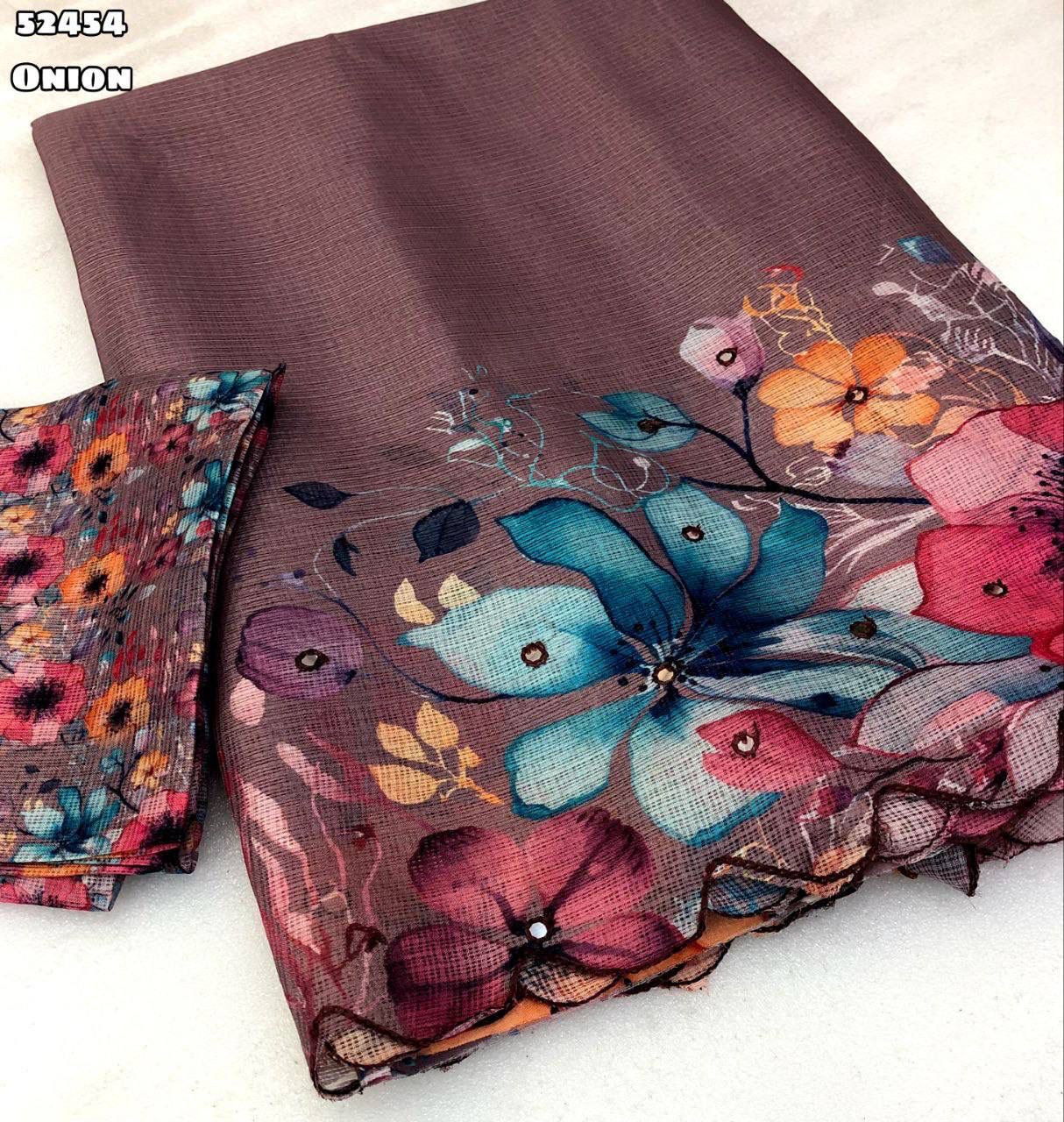 Soft Kota Chex Saree with Floral Digital Print and Embroidery Foil Mirror Border – Rafia Fashions-onion