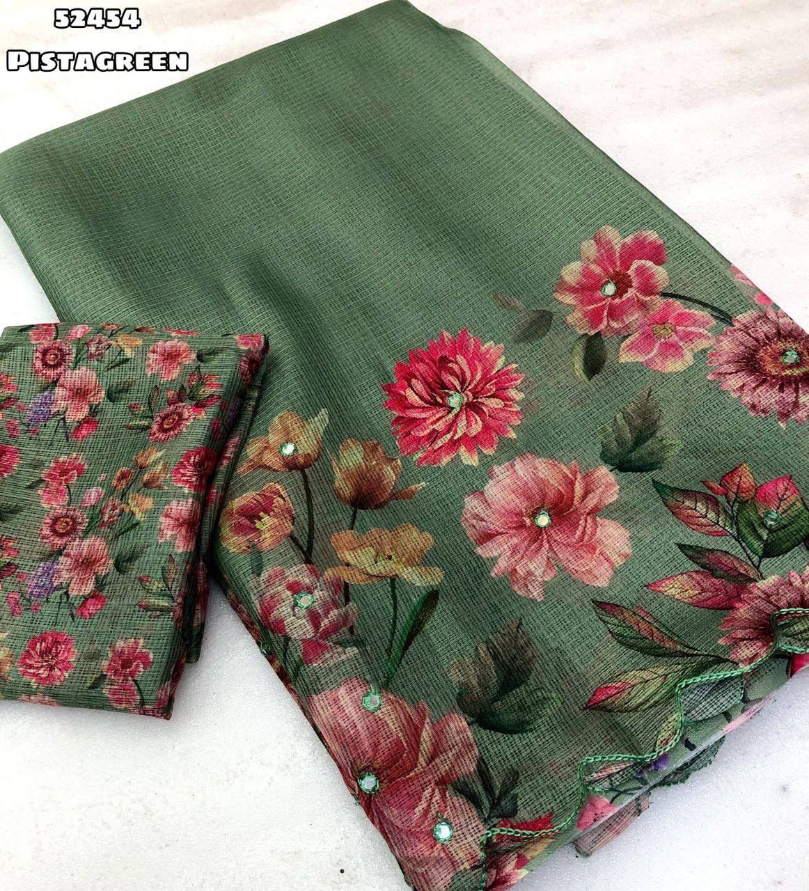 Soft Kota Chex Saree with Floral Digital Print and Embroidery Foil Mirror Border – Rafia Fashions-pistagreen