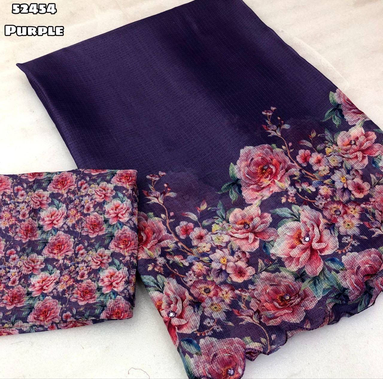 Soft Kota Chex Saree with Floral Digital Print and Embroidery Foil Mirror Border – Rafia Fashions-purple