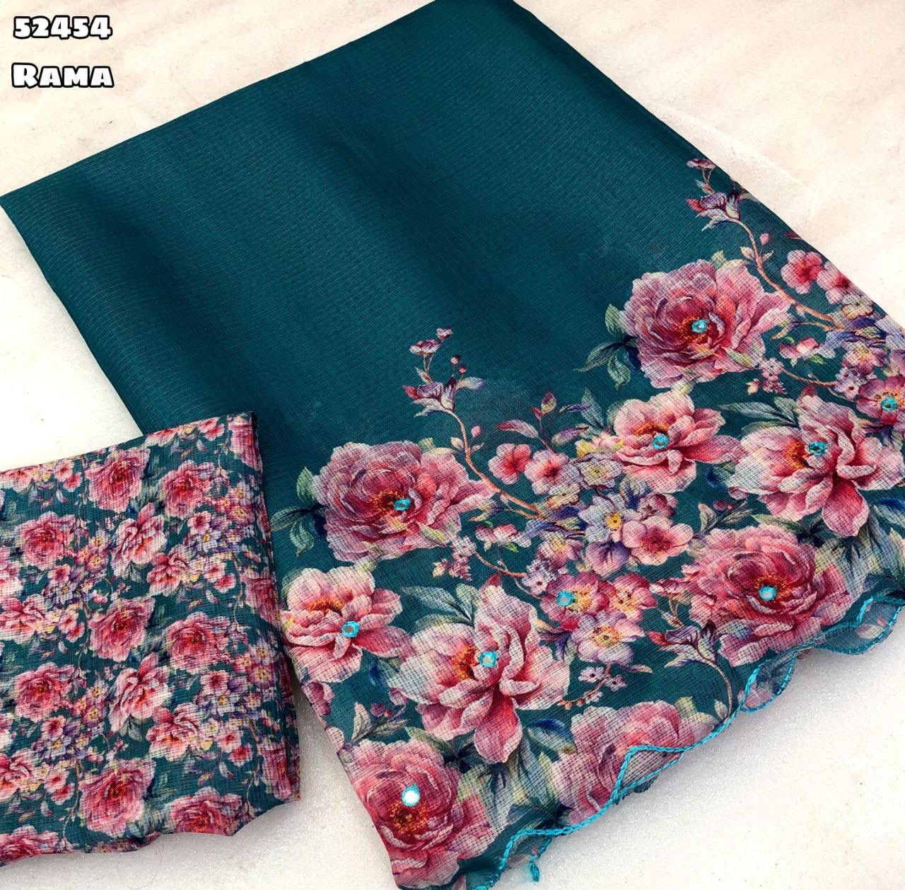 Soft Kota Chex Saree with Floral Digital Print and Embroidery Foil Mirror Border – Rafia Fashions-rama