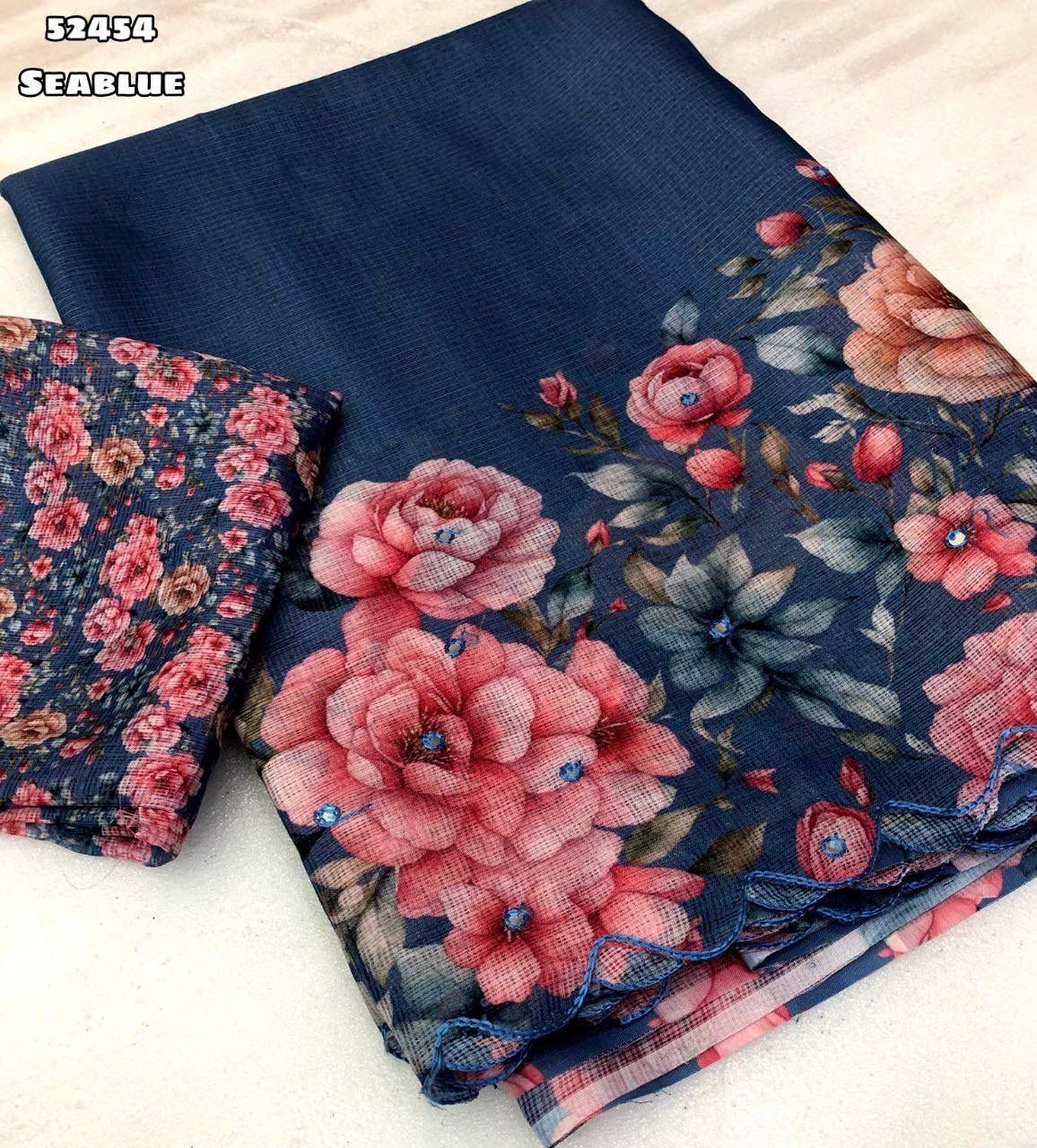 Soft Kota Chex Saree with Floral Digital Print and Embroidery Foil Mirror Border – Rafia Fashions-seablue
