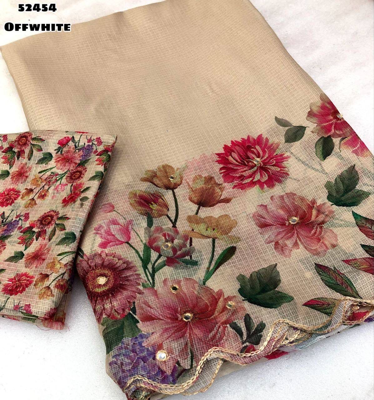 Soft Kota Chex Saree with Floral Digital Print and Embroidery Foil Mirror Border – Rafia Fashions-white