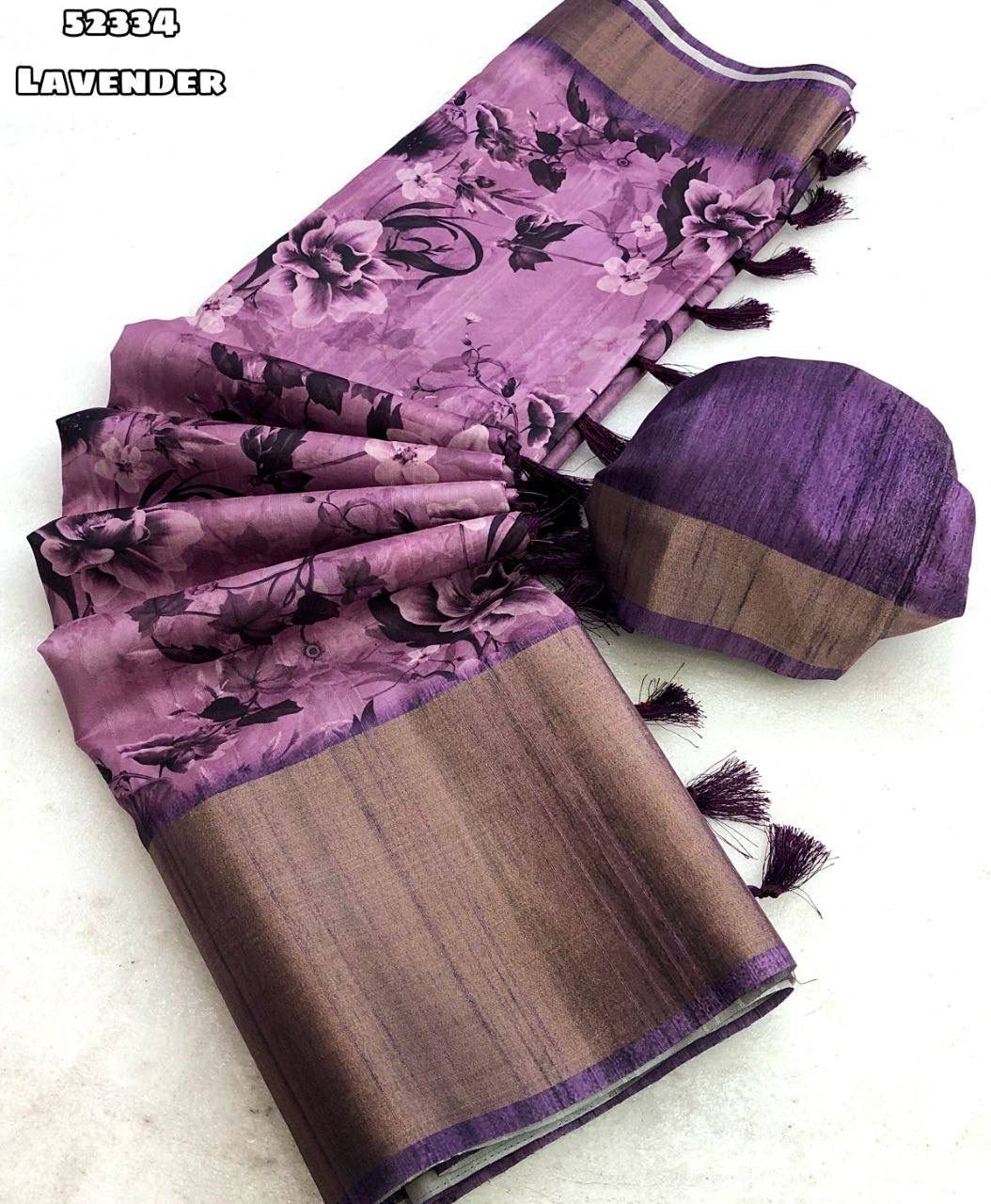 Handloom Tussar Silk Saree with Floral Digital Print & 9 Inch Zari Border-52334