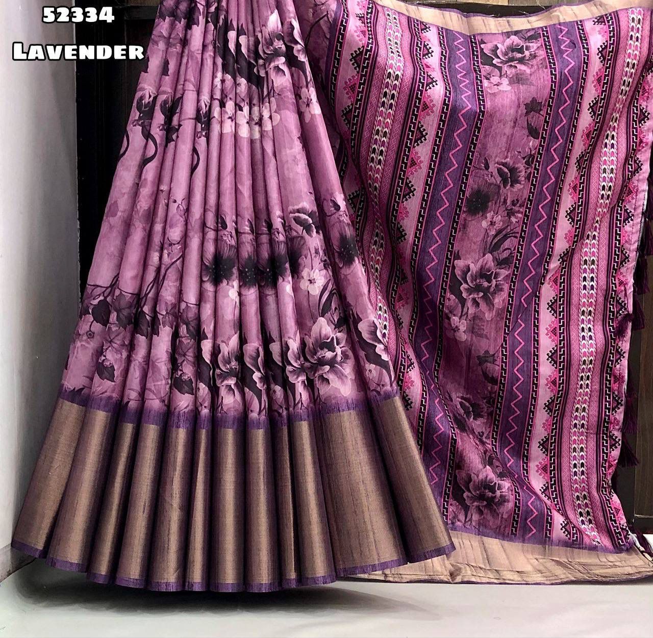 Handloom Tussar Silk Saree with Floral Digital Print & 9 Inch Zari Border-52334