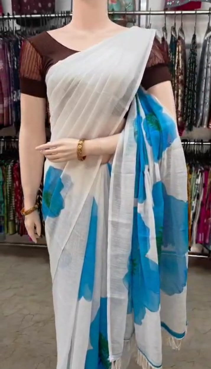 Linen Cotton Saree with Blue Floral Print – Elegant & Breathable