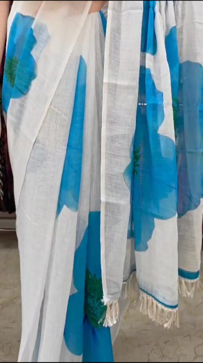 Linen Cotton Saree with Blue Floral Print – Elegant & Breathable