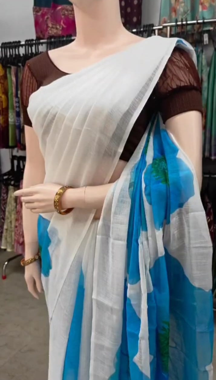 Linen Cotton Saree with Blue Floral Print – Elegant & Breathable
