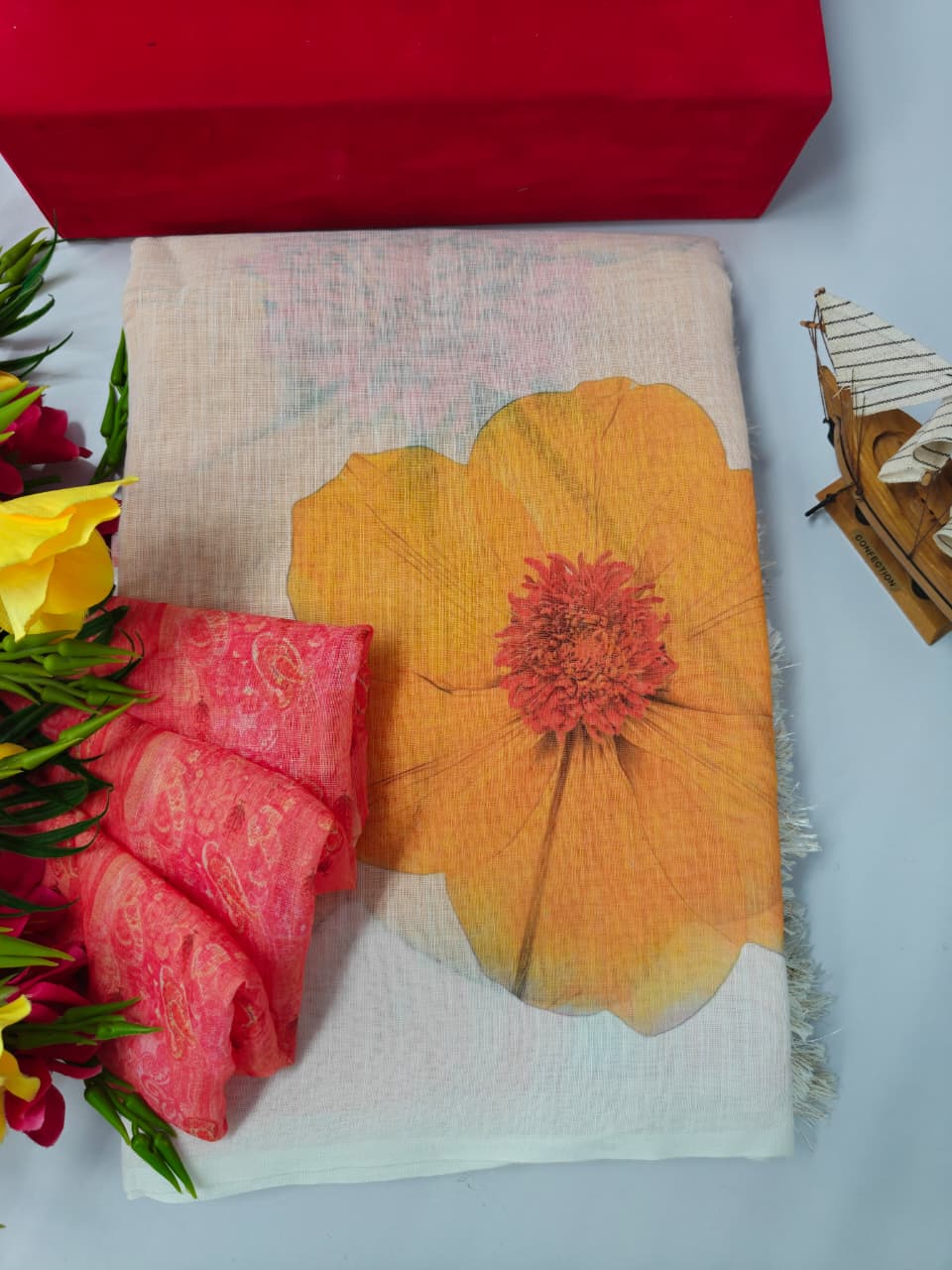 Linen Cotton Saree with Orange Floral Print – Soft & Lightweight