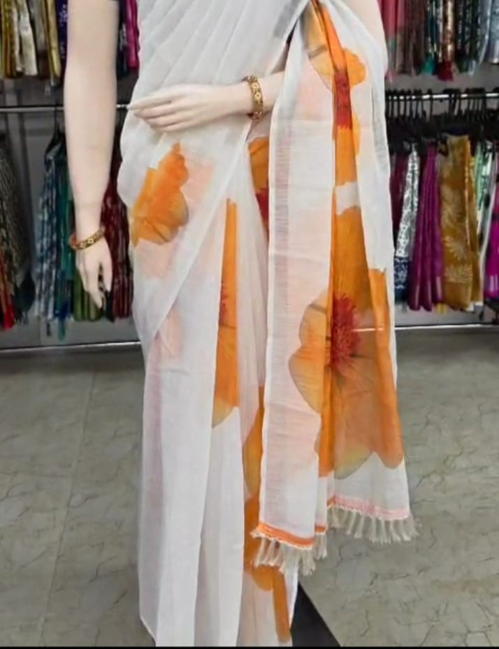 Linen Cotton Saree with Orange Floral Print – Soft & Lightweight