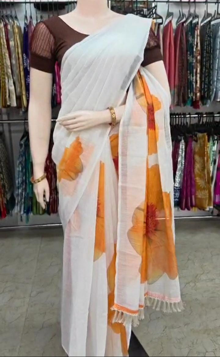 Linen Cotton Saree with Orange Floral Print – Soft & Lightweight