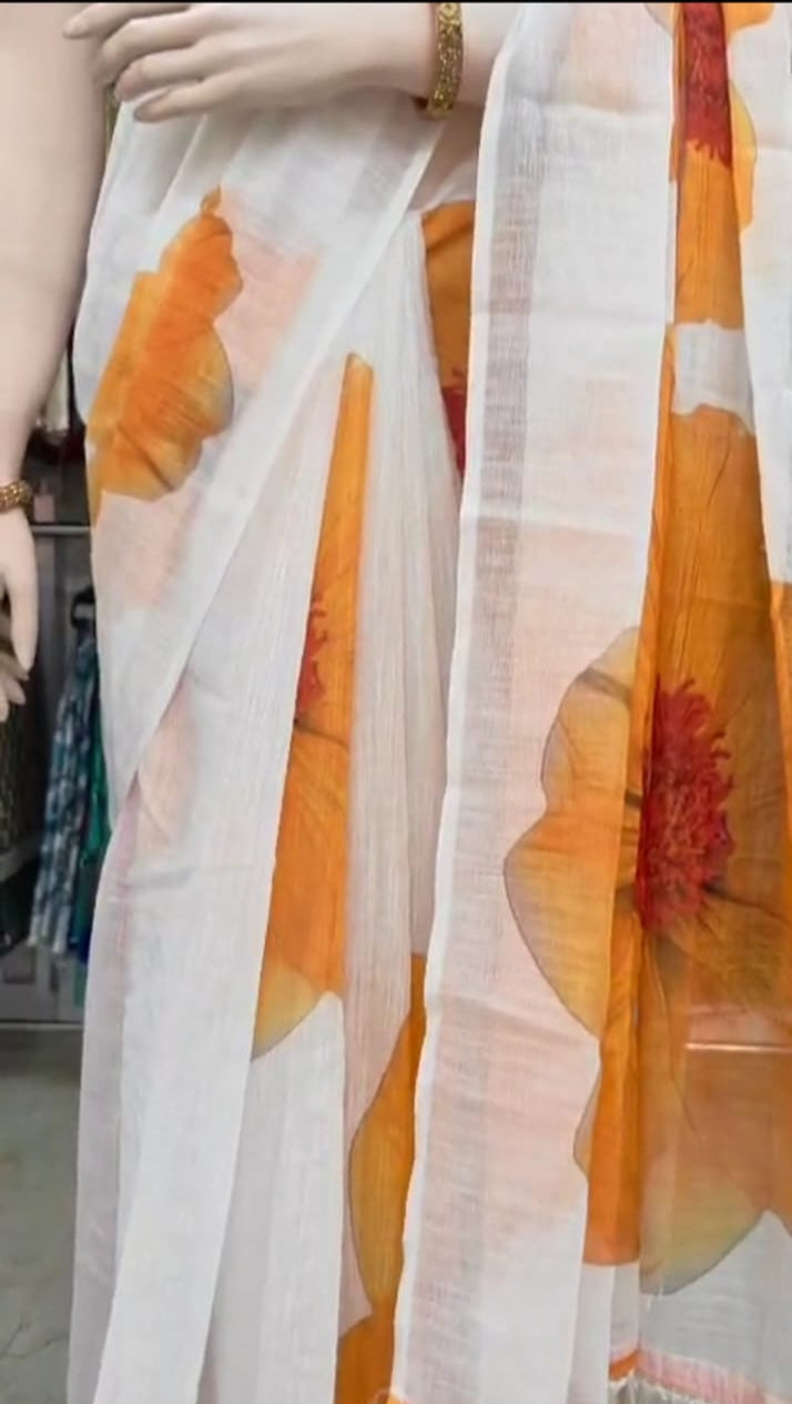 Linen Cotton Saree with Orange Floral Print – Soft & Lightweight