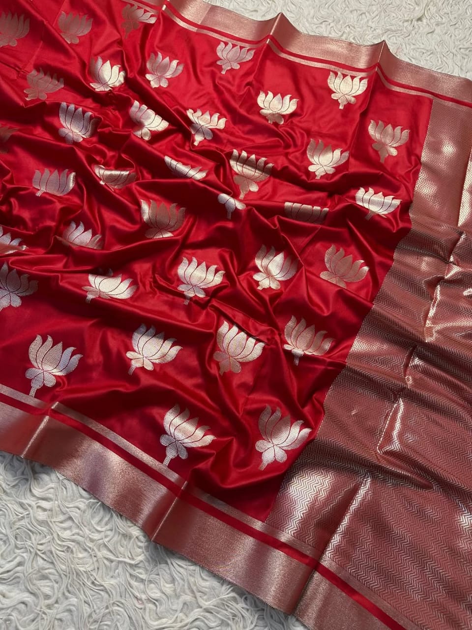 Red Banarasi Katan Soft Silk Saree with Lotus-Design Zari Border