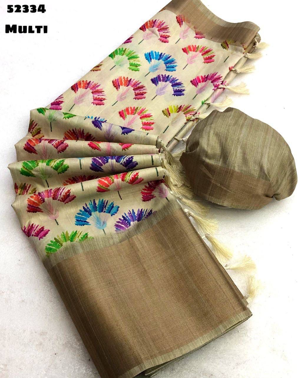 Handloom Tussar Silk Saree with Floral Digital Print & 9 Inch Zari Border-52334