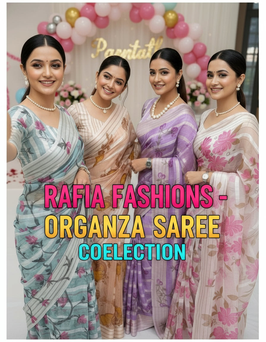 Four images of women wearing sarees with decorative backgrounds-soft organza premium look saree