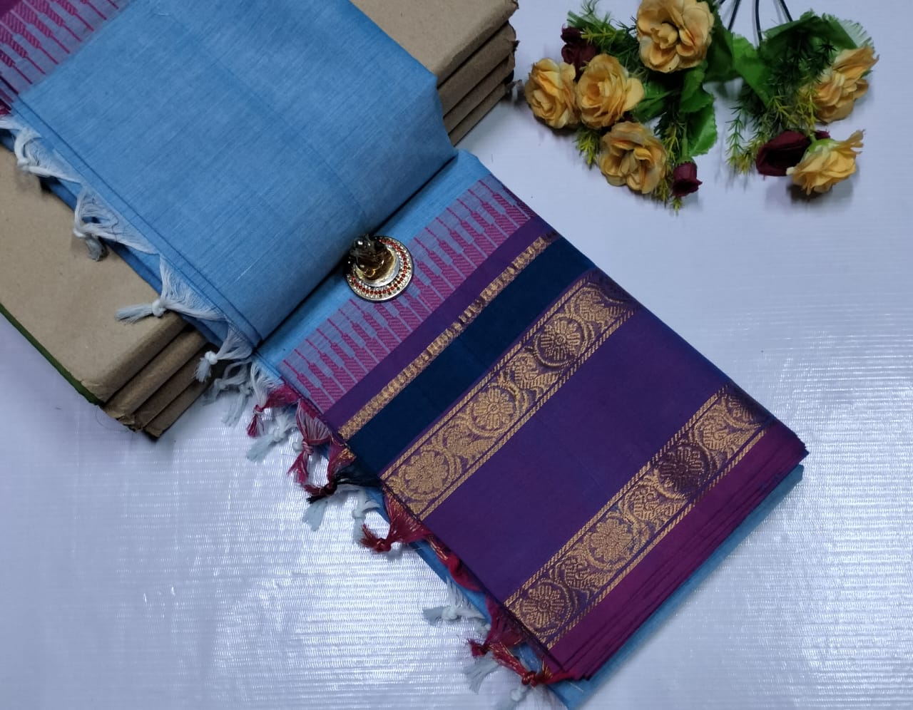South Indian Paruthi Chettinad Sungudi Cotton Saree – blue with blue