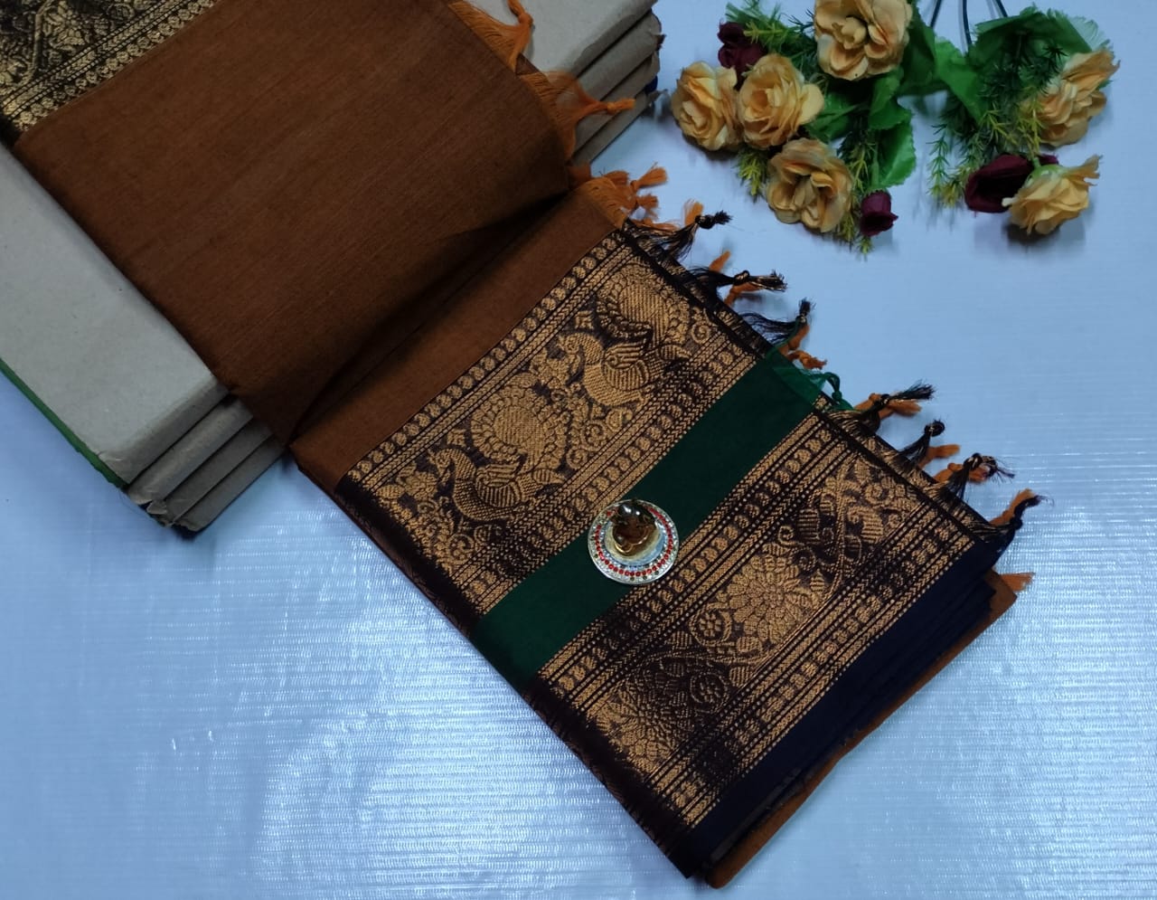 South Indian Paruthi Chettinad Sungudi Cotton Saree – brown with black