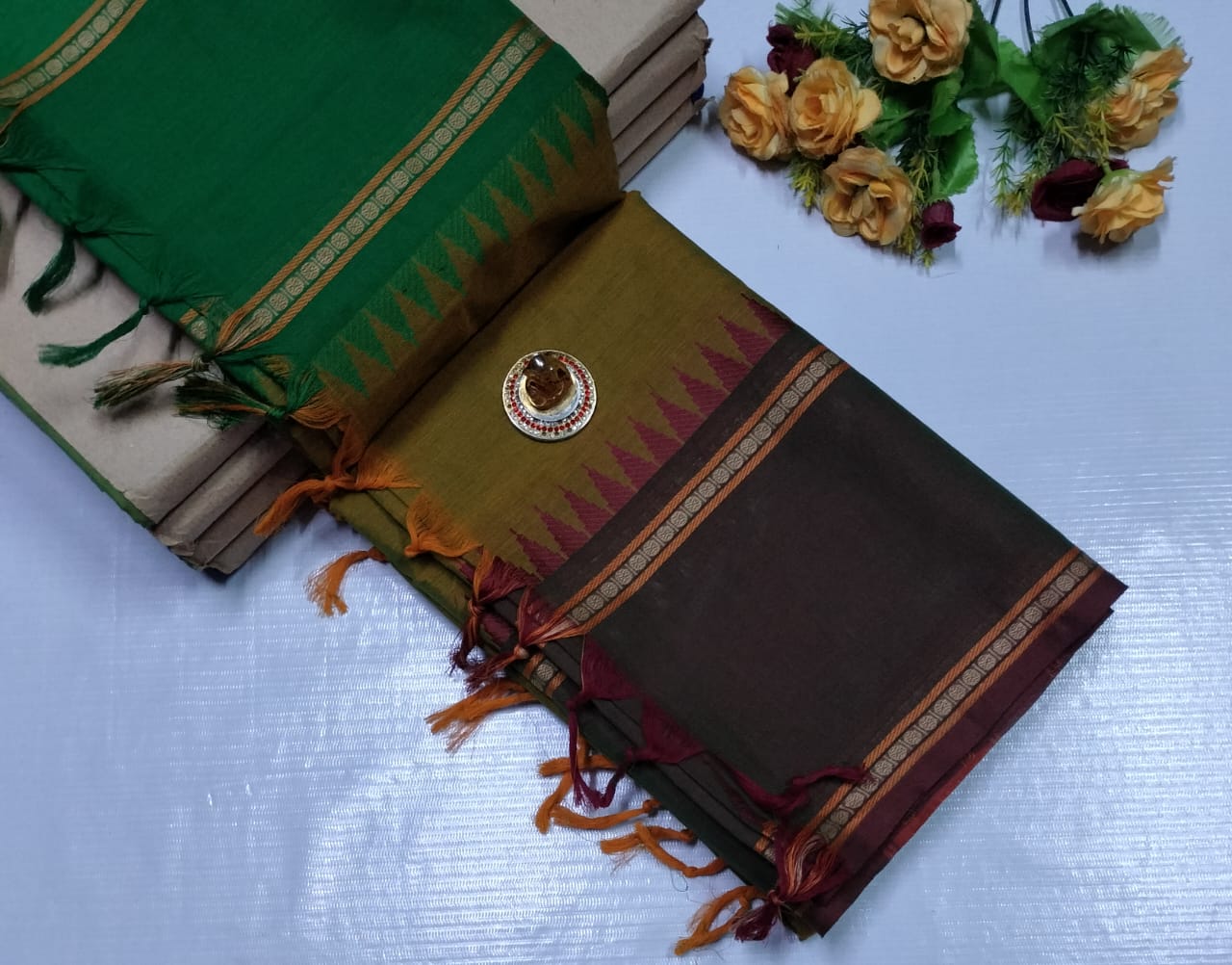 South Indian Paruthi Chettinad Sungudi Cotton Saree – green-yellow-brown