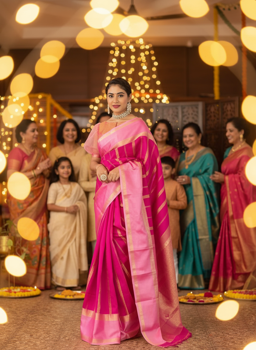 Banarasi Katan Soft Silk Saree with Zari Border and Jacquard Blouse-
Woman in a pink saree standing in front of a group of people with festive lights in the background