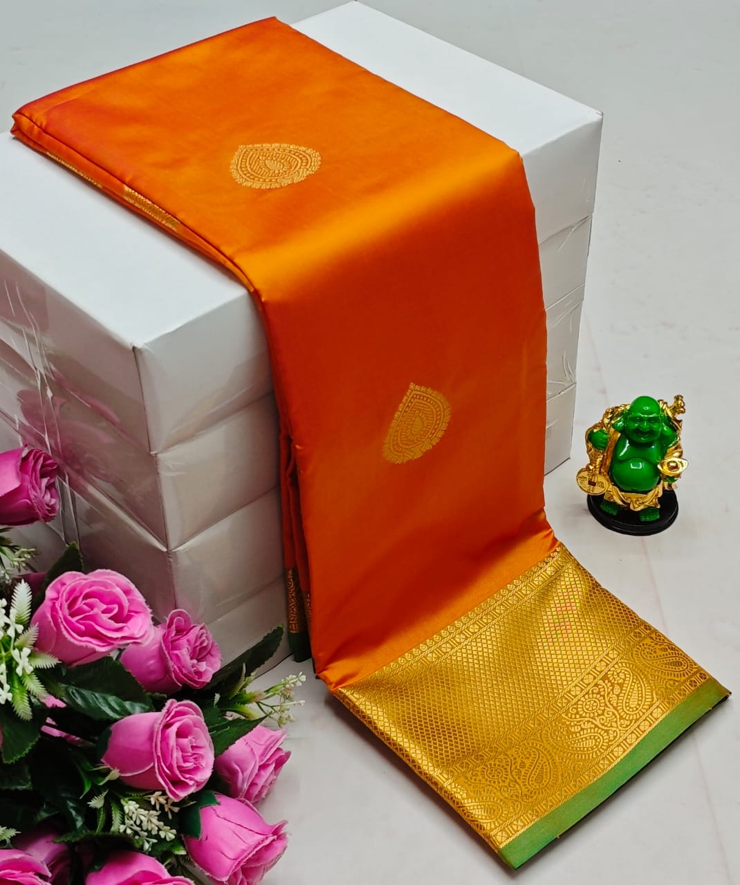 Premium Kanchi Soft Silk Saree with Contrast Border & Pallu – Orange with Gold Border