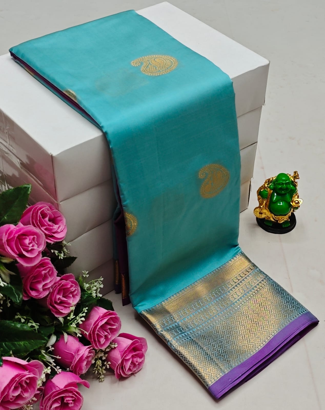 Premium Kanchi Soft Silk Saree with Contrast Border & Pallu – bluesky with Gold Border