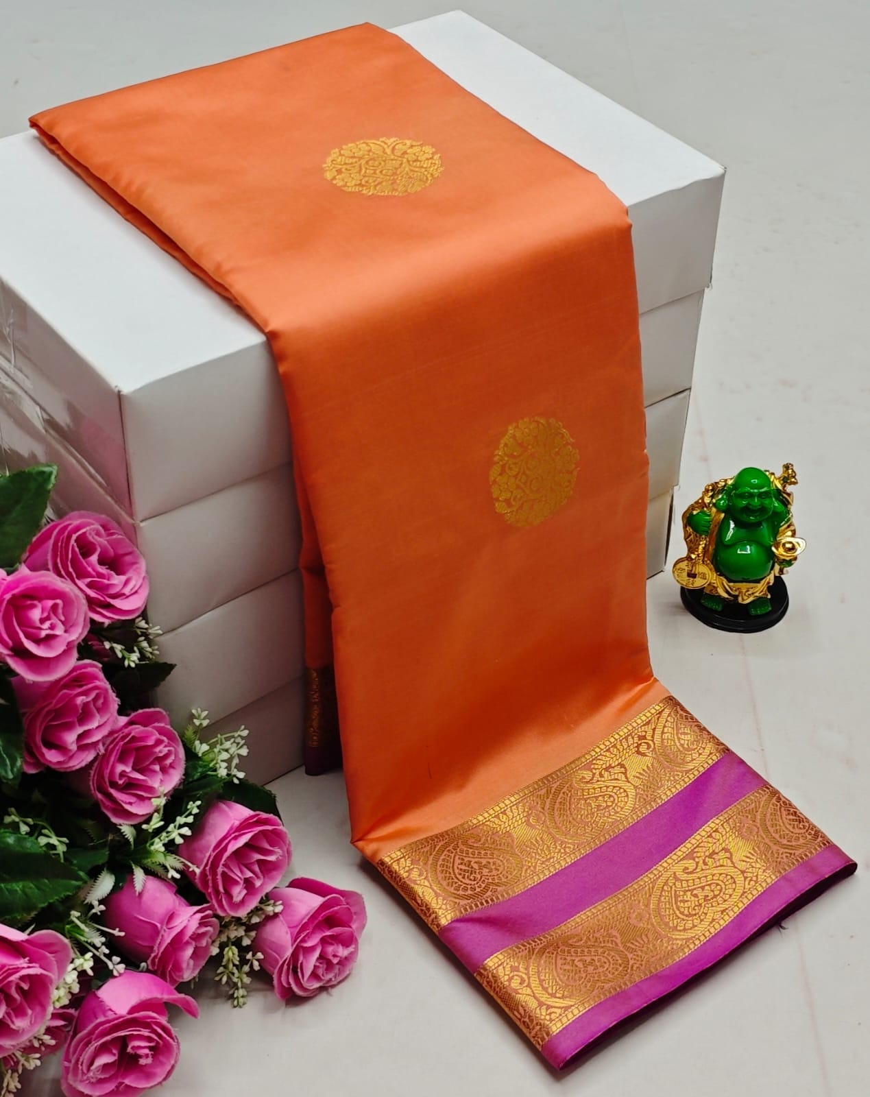 Premium Kanchi Soft Silk Saree with Contrast Border & Pallu – creamorange with Gold Border