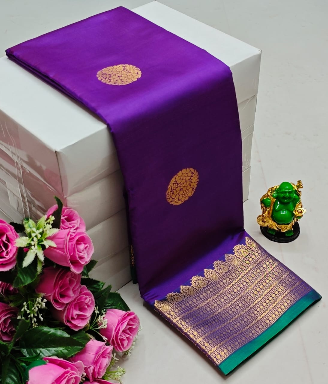 Premium Kanchi Soft Silk Saree with Contrast Border & Pallu – kathri blue with Gold Border