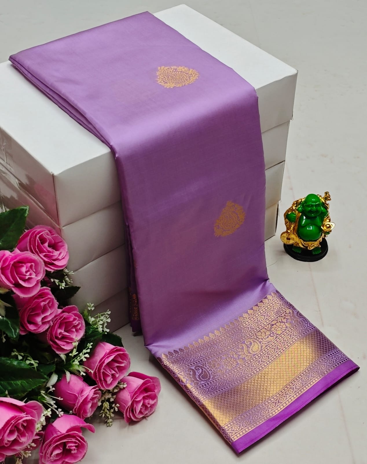 Premium Kanchi Soft Silk Saree with Contrast Border & Pallu – lightpurple- with Gold Border