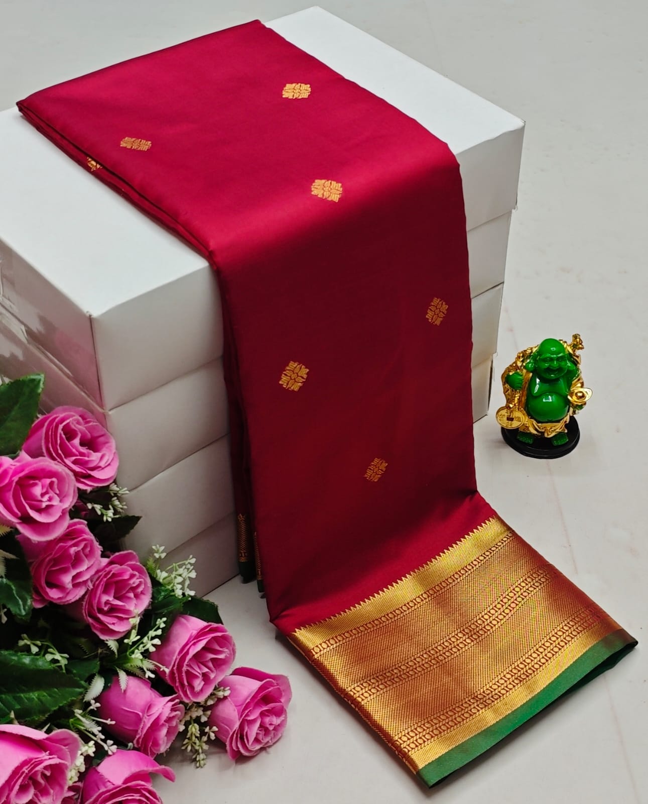 Premium Kanchi Soft Silk Saree with Contrast Border & Pallu – Maroon with Gold Border