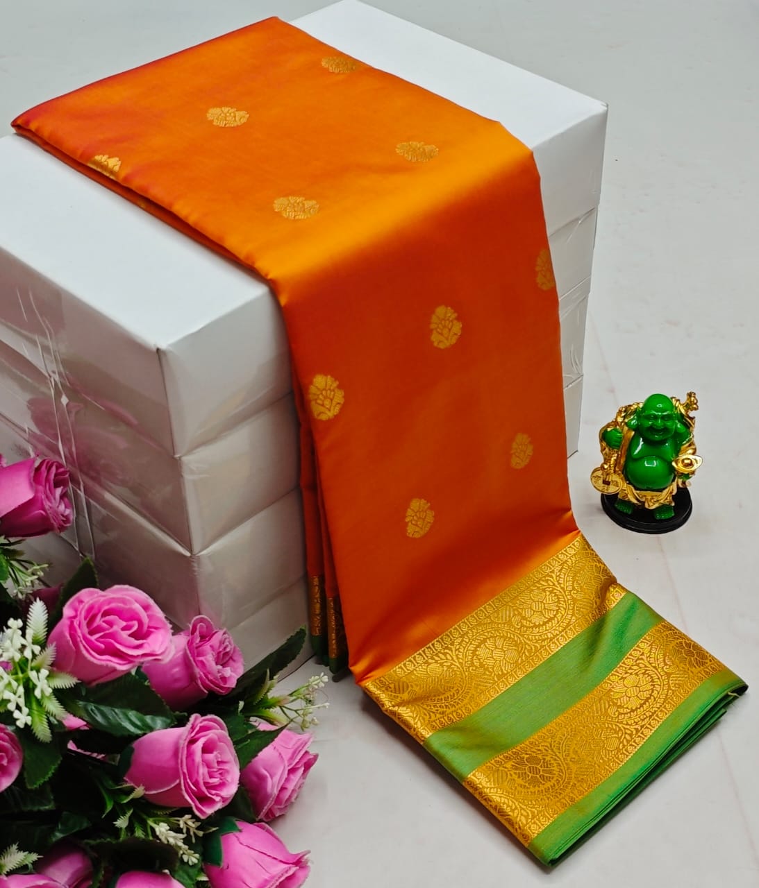 Premium Kanchi Soft Silk Saree with Contrast Border & Pallu – Orange