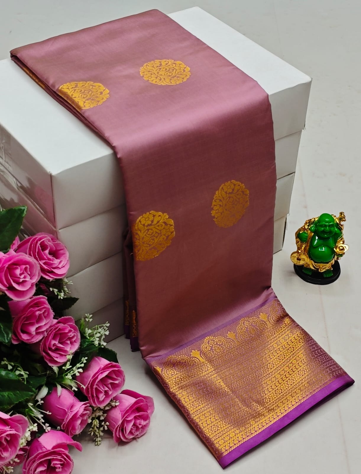 Premium Kanchi Soft Silk Saree with Contrast Border & Pallu – Onion