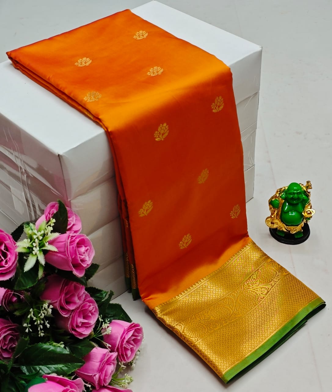 Premium Kanchi Soft Silk Saree with Contrast Border & Pallu-orange