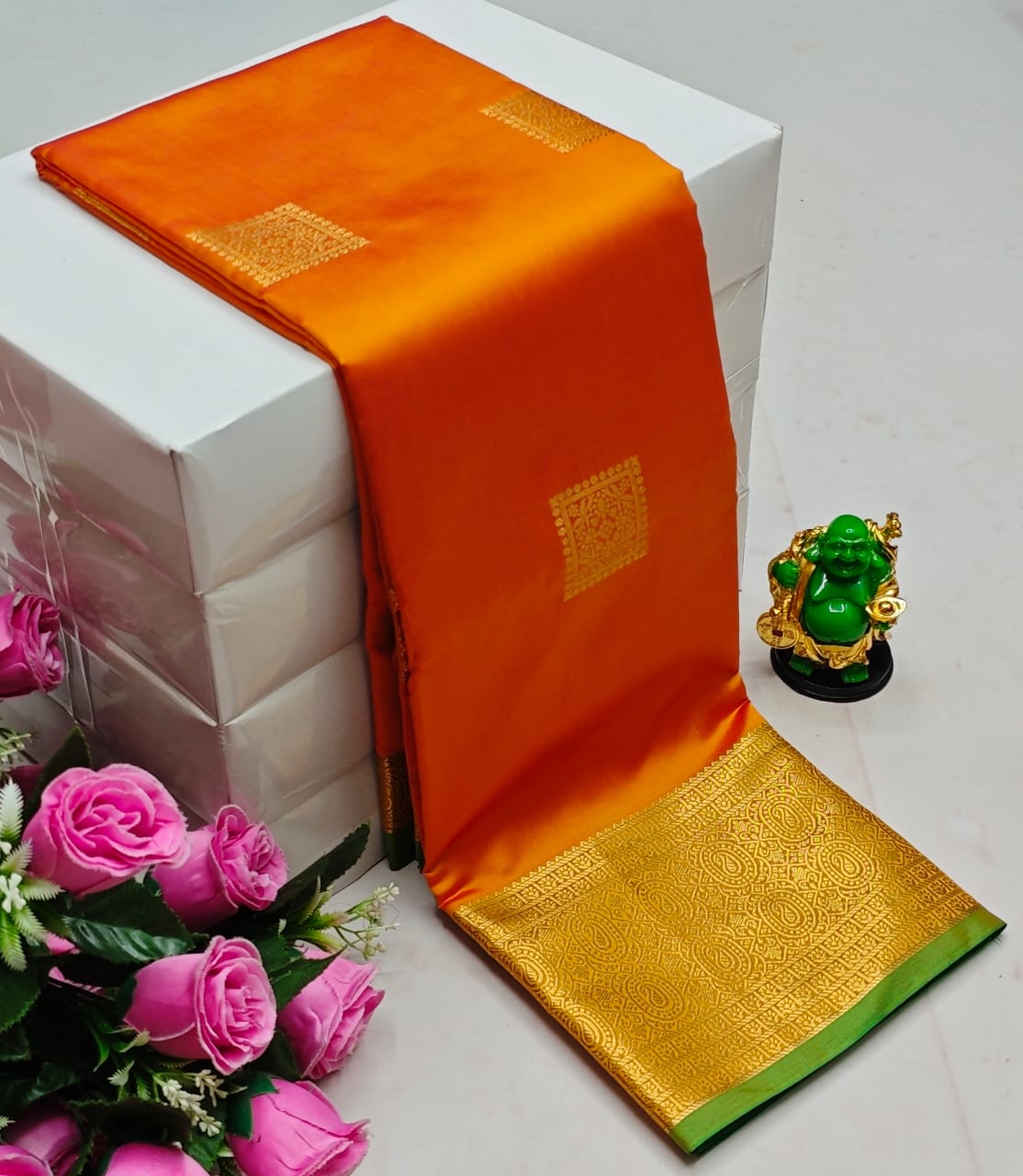 Premium Kanchi Soft Silk Saree with Contrast Border & Pallu – orange with contrast border