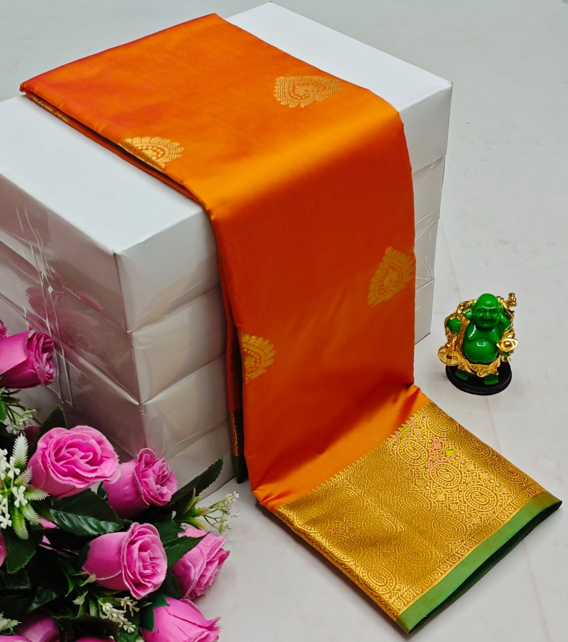 Premium Kanchi Soft Silk Saree with Contrast Border & Pallu – orange with Gold Border