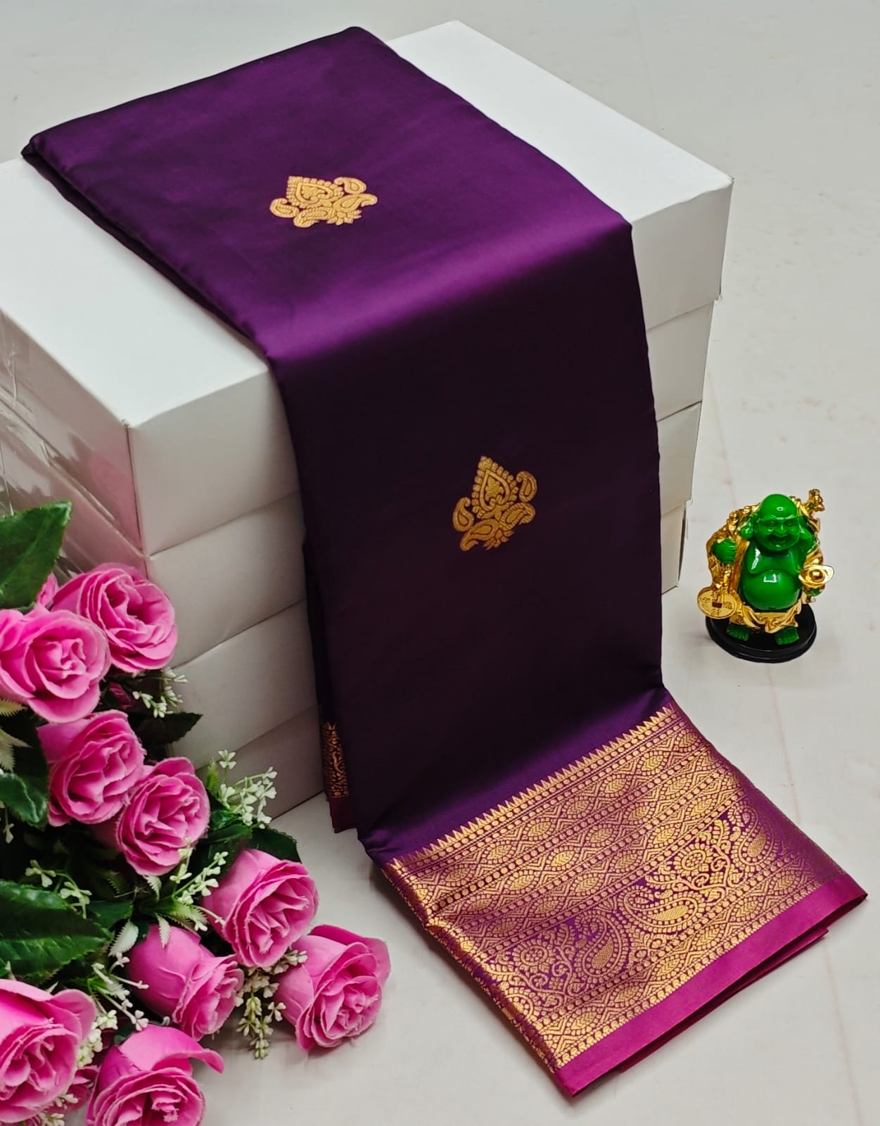 Premium Kanchi Soft Silk Saree with Contrast Border & Pallu – Dark-Purple- with Gold Border