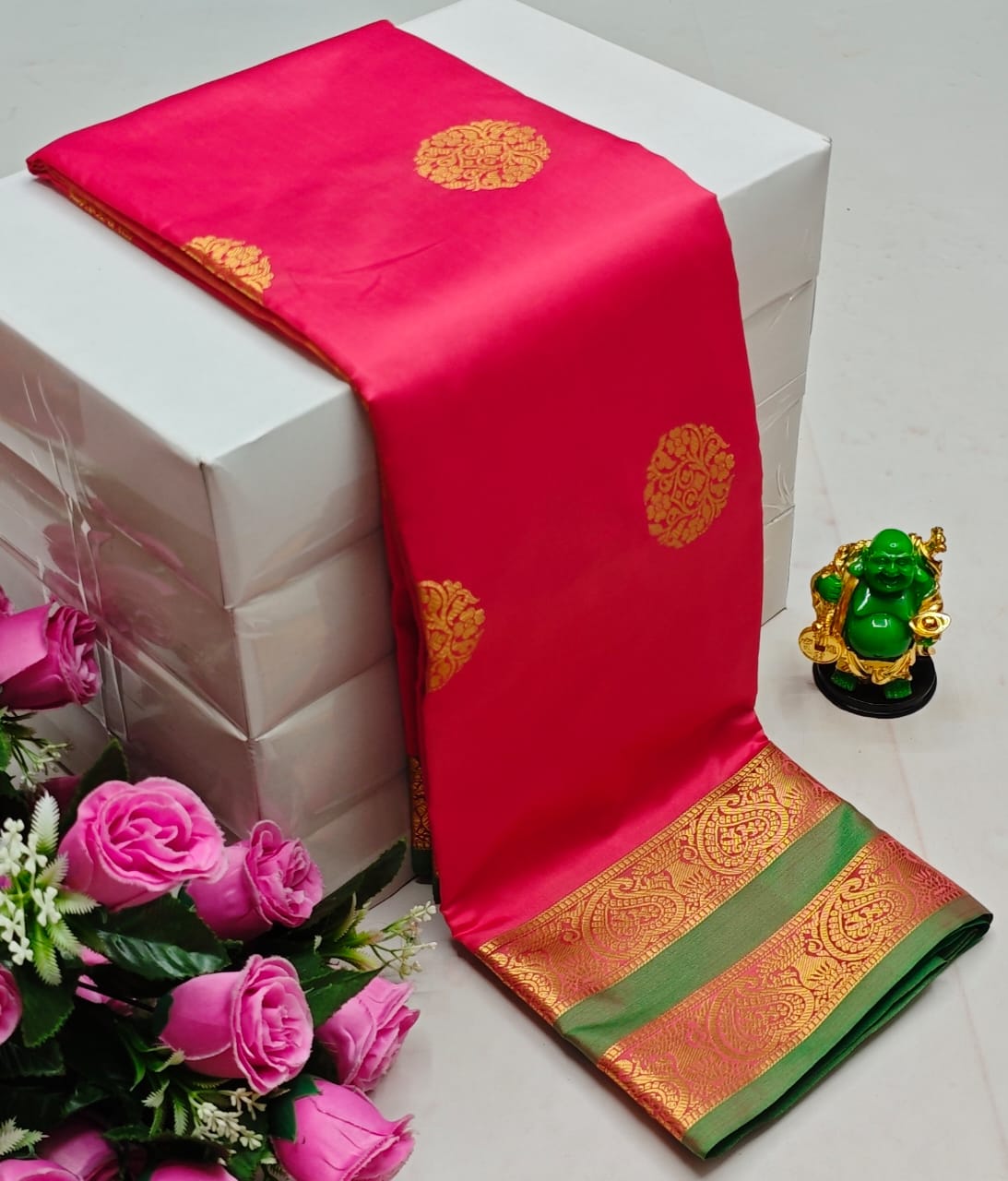Premium Kanchi Soft Silk Saree with Contrast Border & Pallu – Red with Gold Border