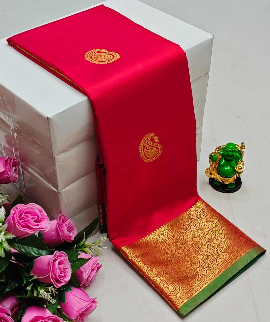 Premium Kanchi Soft Silk Saree with Contrast Border & Pallu – Red with Gold Border
