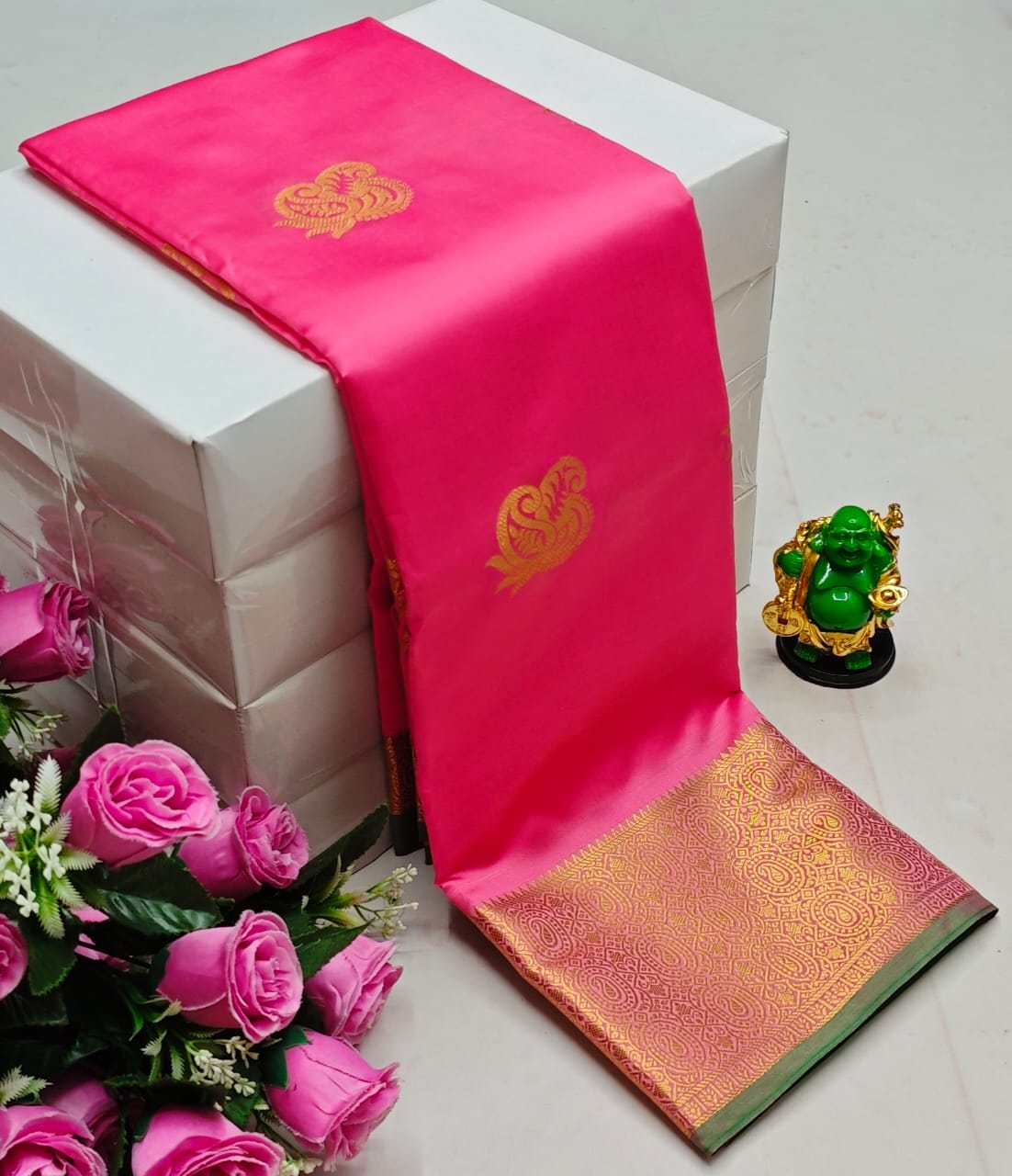Premium Kanchi Soft Silk Saree with Contrast Border & Pallu – Rose-with Gold Border