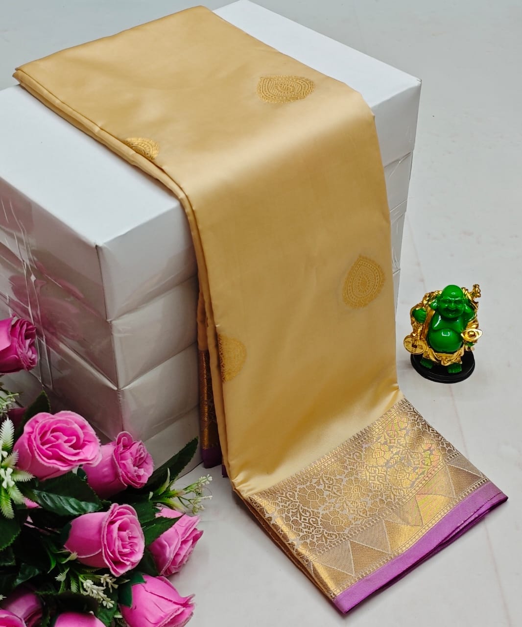 Premium Kanchi Soft Silk Saree with Contrast Border & Pallu – Sandle- with Gold Border