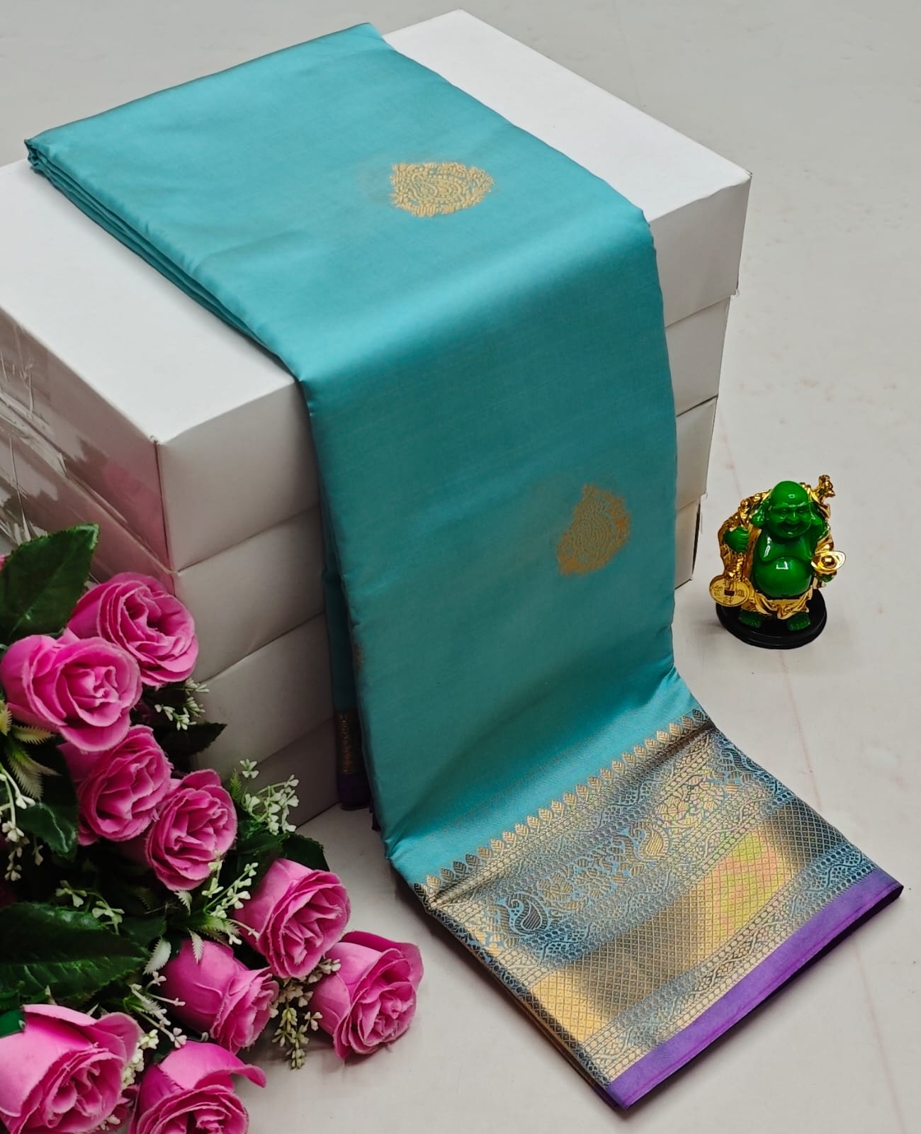 Premium Kanchi Soft Silk Saree with Contrast Border & Pallu – sky-blue with Gold Border