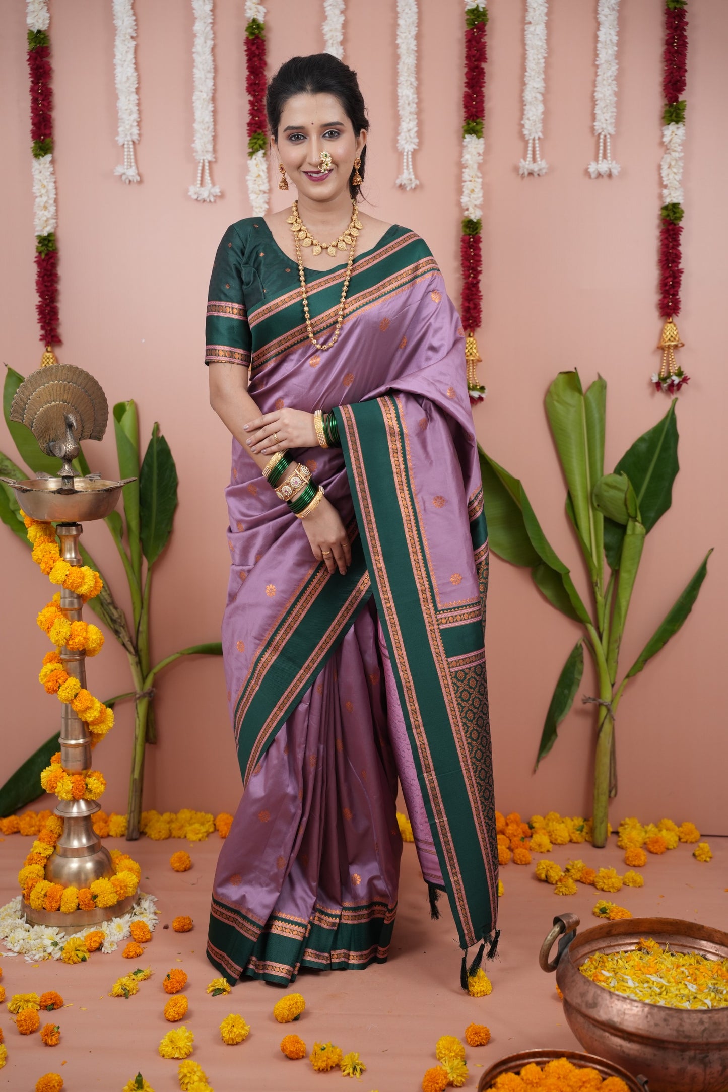 Premium Soft Silk Saree with Narayan Border-Onion-grnborder