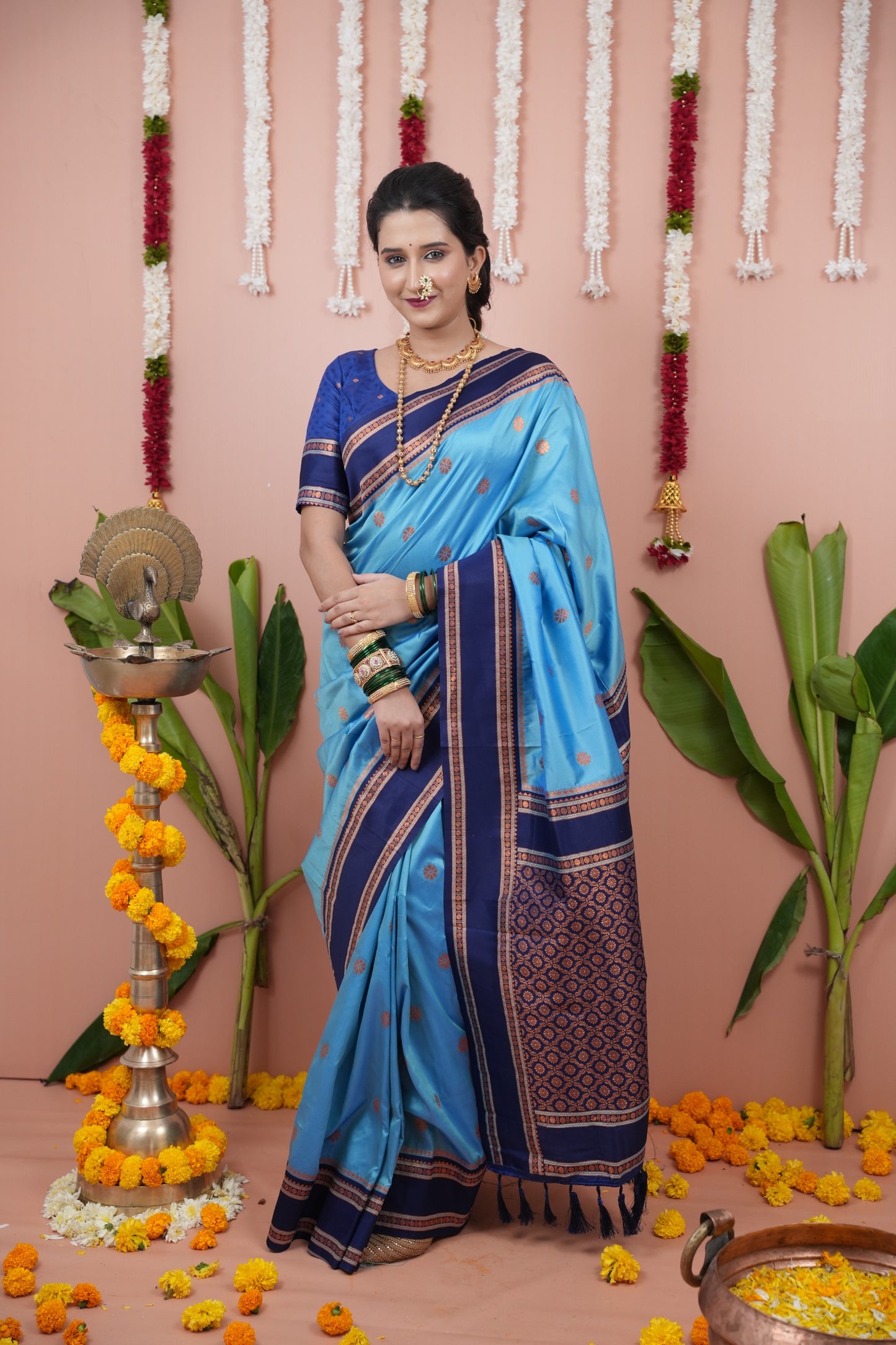 Premium Soft Silk Saree with Narayan Border-sky-blue