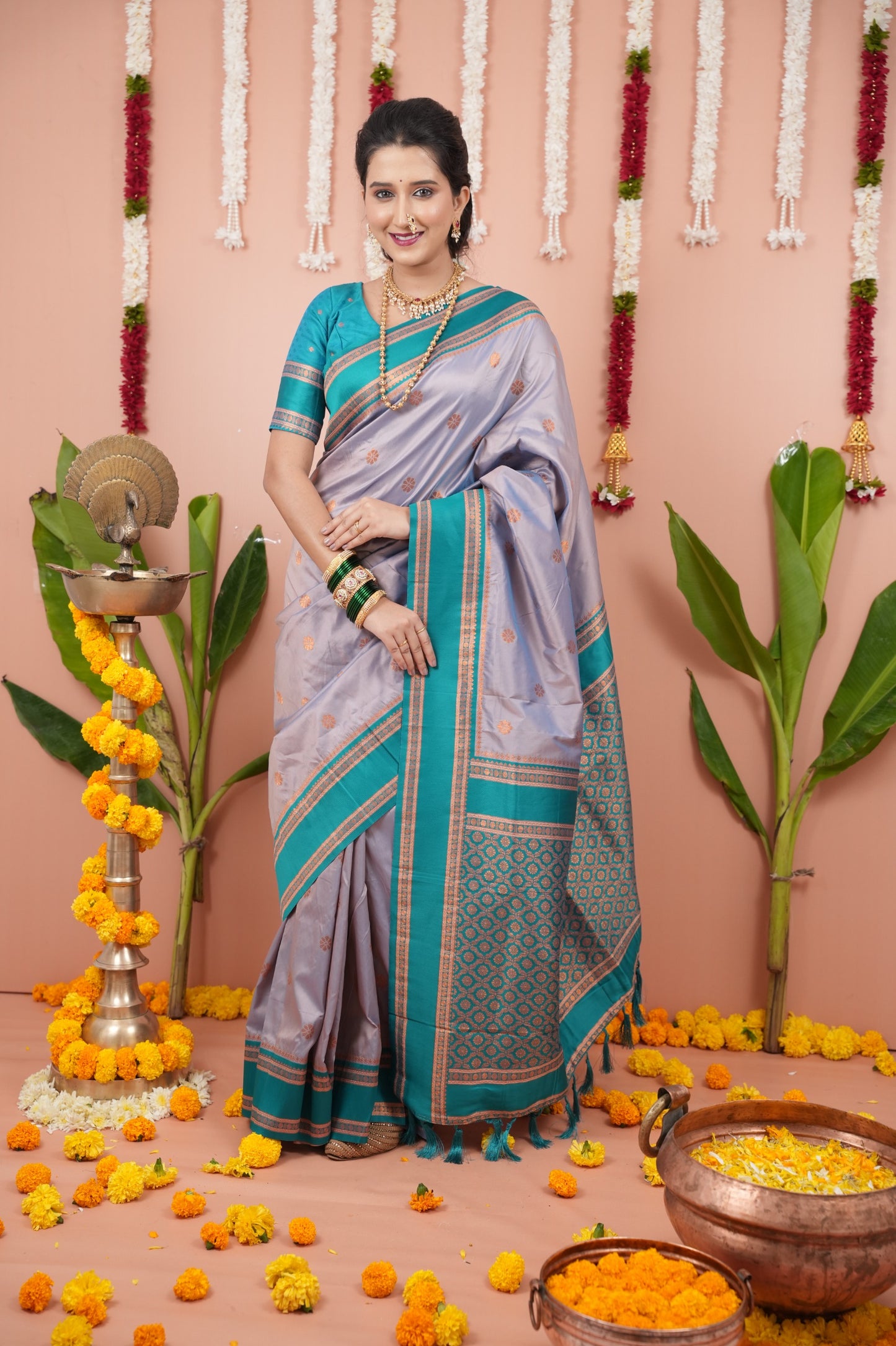 Premium Soft Silk Saree with Narayan Border-gray green