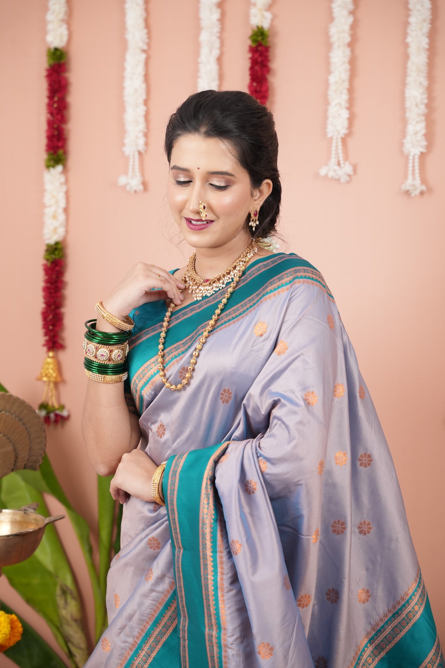 Premium Soft Silk Saree with Narayan Border-gray green