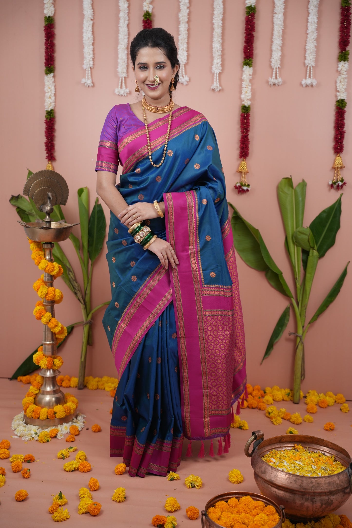 Premium Soft Silk Saree with Narayan Border-blue-ocean