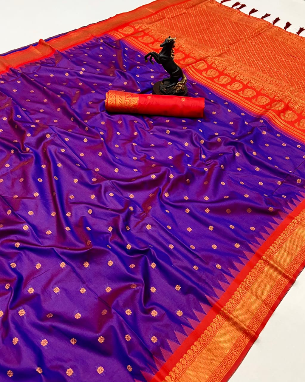 Premium Soft Silk Saree in Red with Narayanpeth Border – Roshni Vol-1-violet pallu