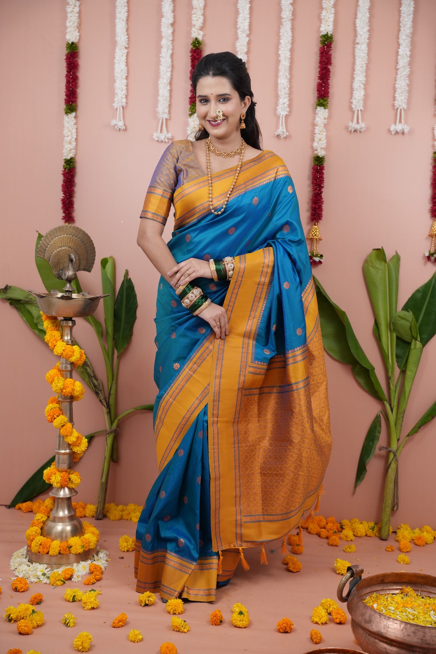 Premium Soft Silk Saree with Narayan Border-seablue