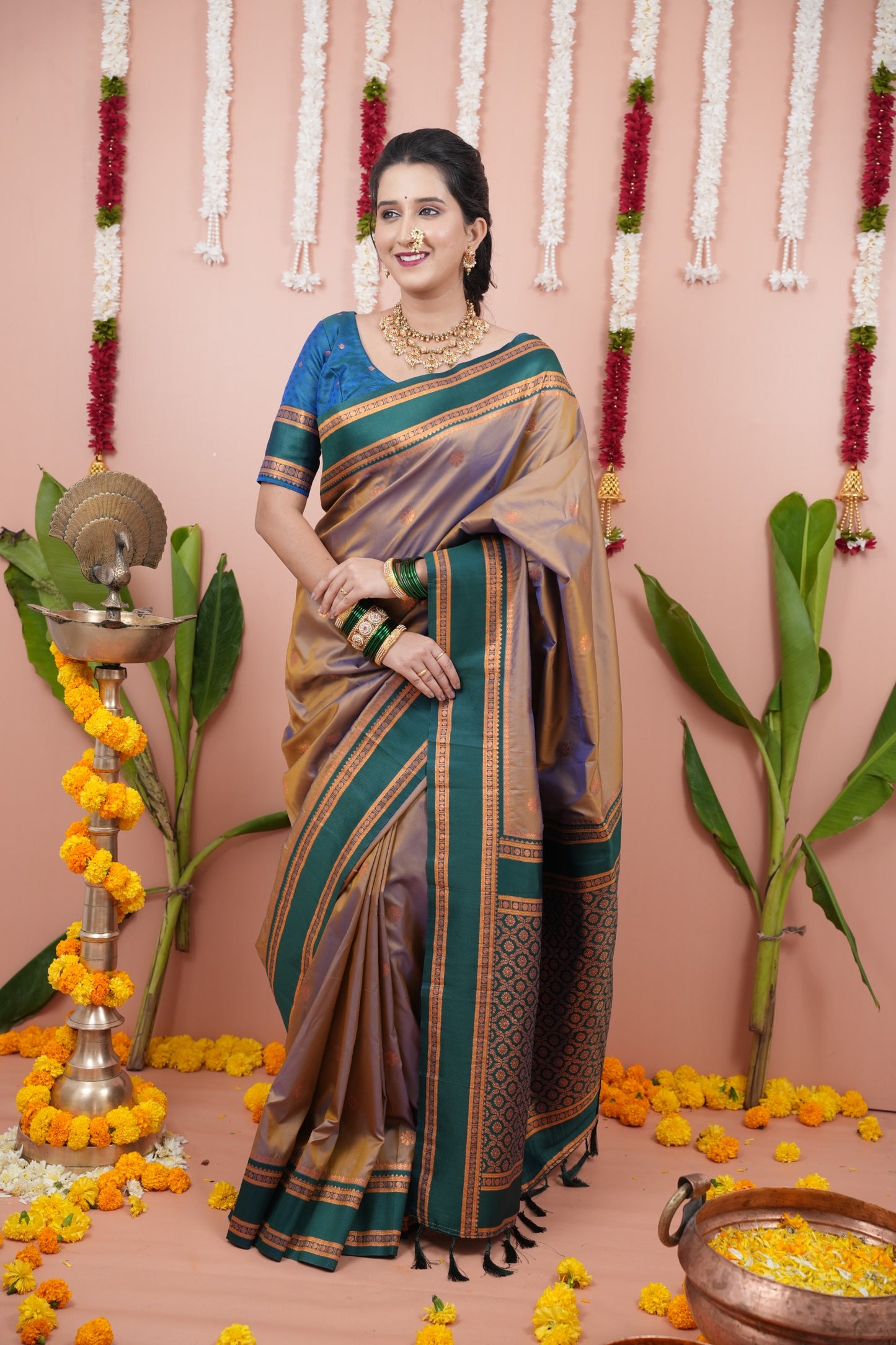 Premium Soft Silk Saree with Narayan Border-golden green